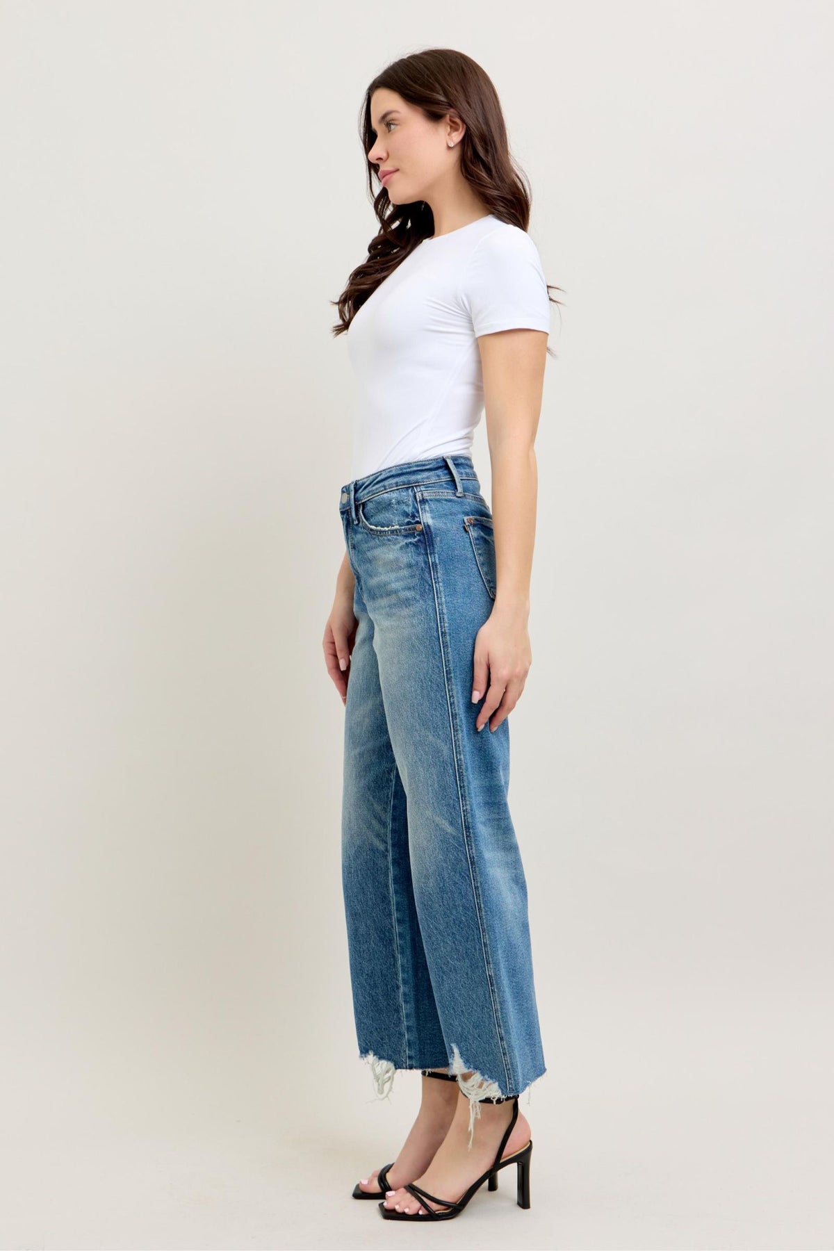 JUDY BLUE HIGH WAIST RIGID MAGIC DESTROY HEM CROP WIDE JEAN - MEDIUM STONE