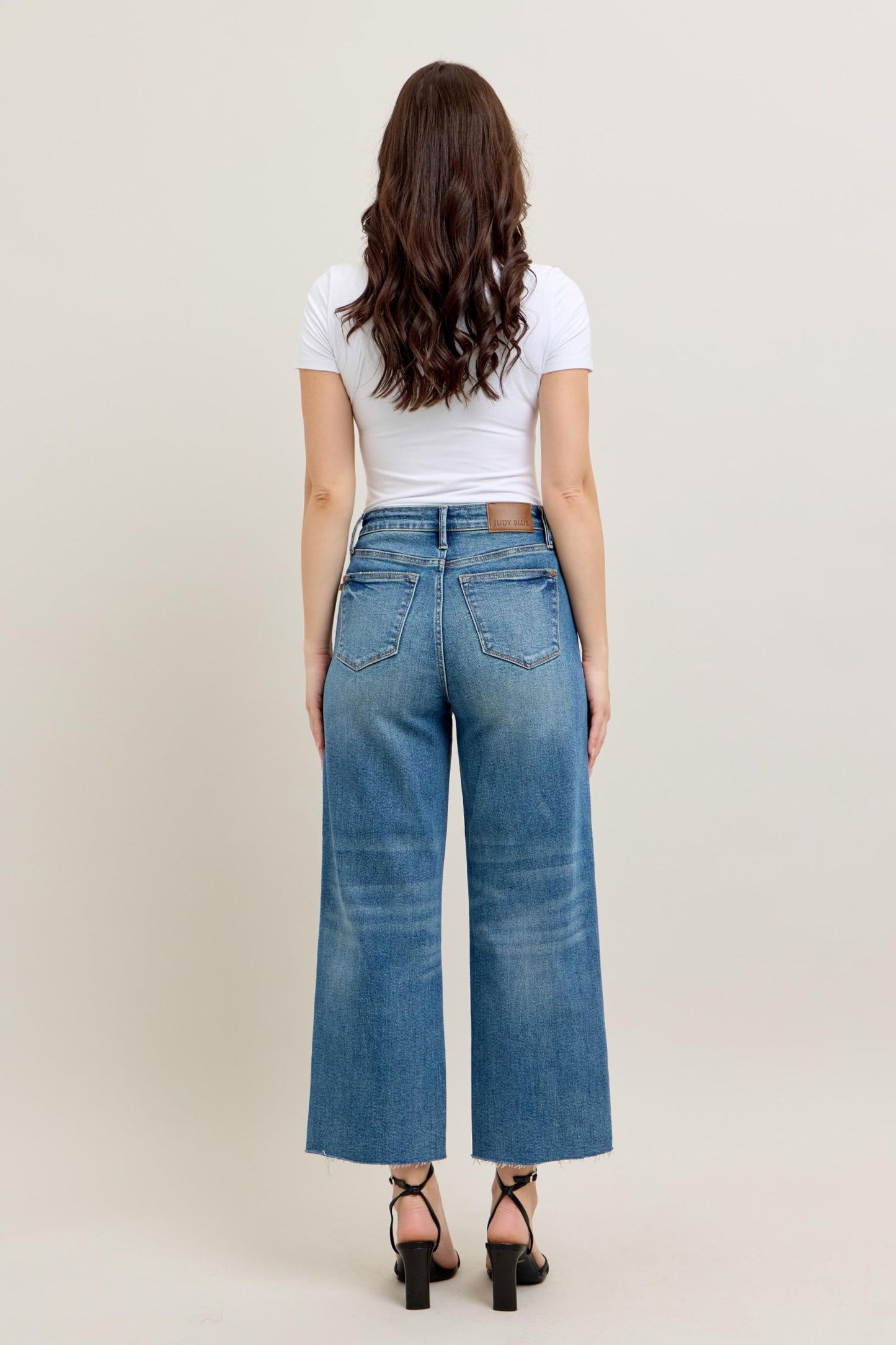 JUDY BLUE HIGH WAIST RIGID MAGIC DESTROY HEM CROP WIDE JEAN - MEDIUM STONE