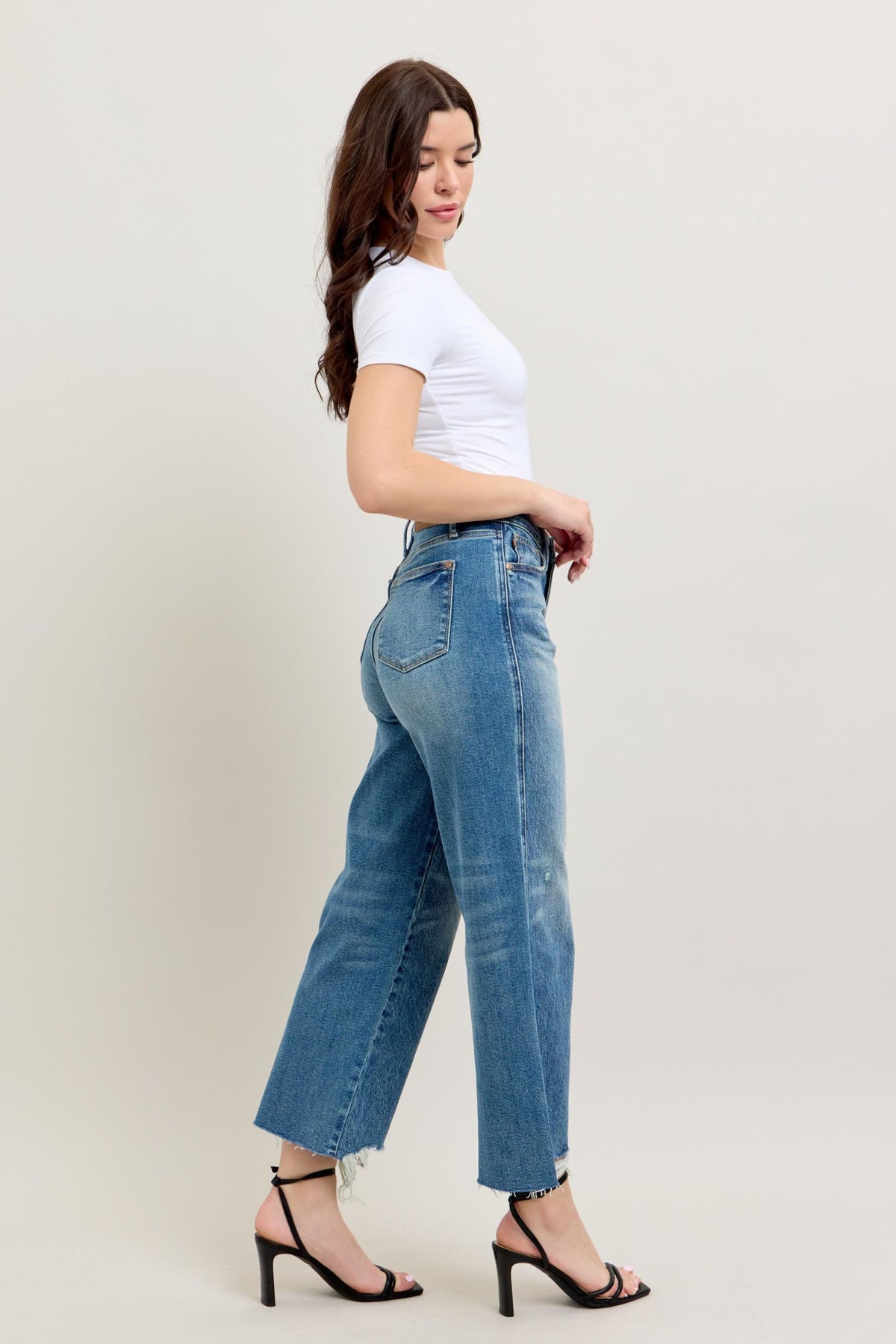 JUDY BLUE HIGH WAIST RIGID MAGIC DESTROY HEM CROP WIDE JEAN - MEDIUM STONE