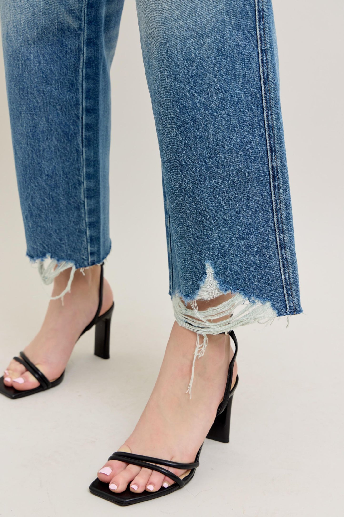 JUDY BLUE HIGH WAIST RIGID MAGIC DESTROY HEM CROP WIDE JEAN - MEDIUM STONE