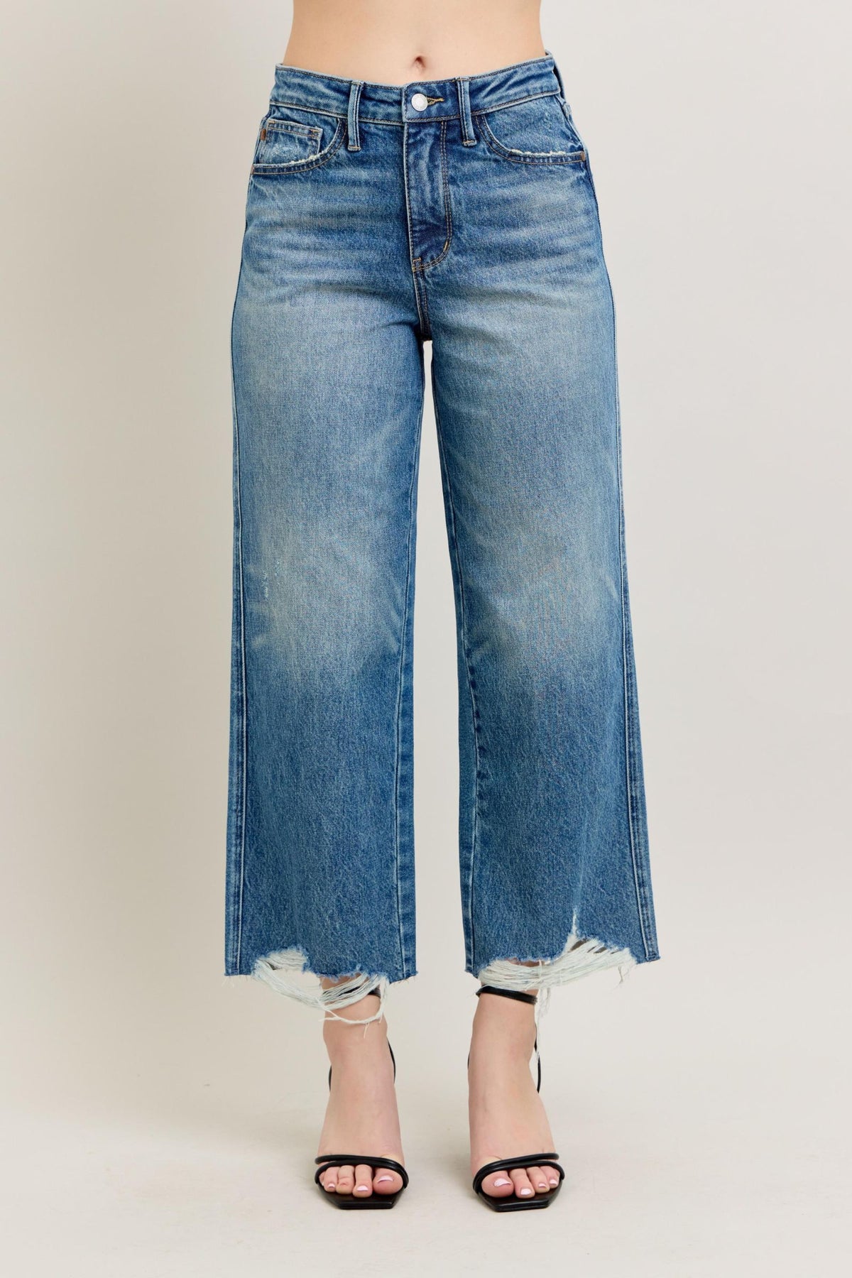 JUDY BLUE HIGH WAIST RIGID MAGIC DESTROY HEM CROP WIDE JEAN - MEDIUM STONE