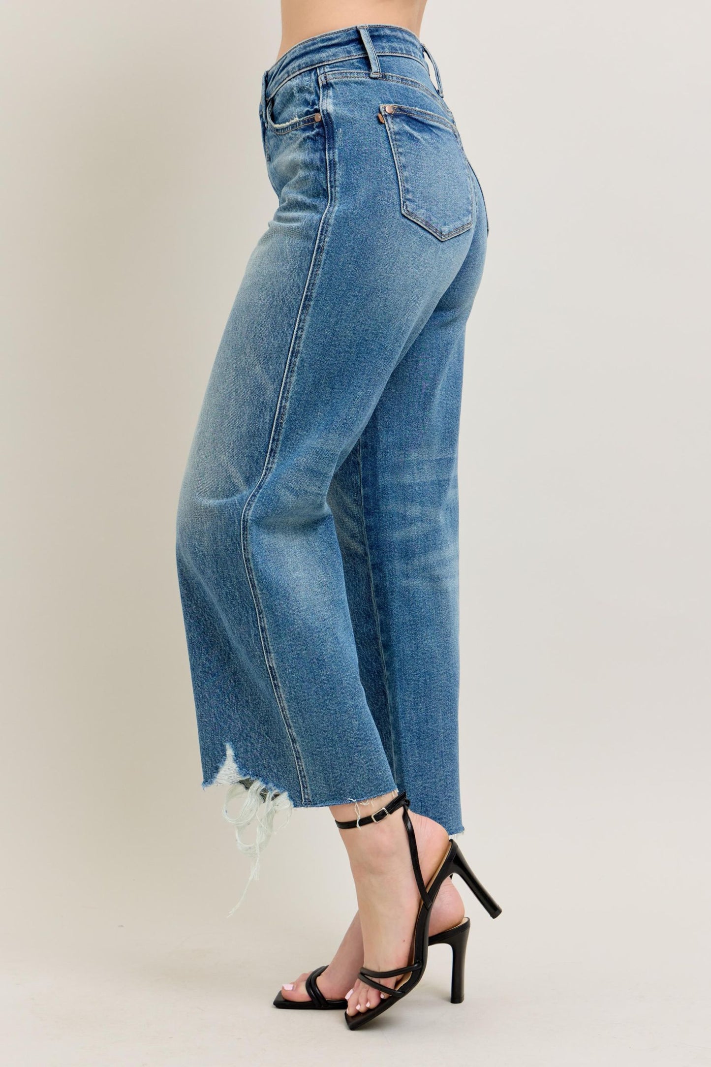 JUDY BLUE HIGH WAIST RIGID MAGIC DESTROY HEM CROP WIDE JEAN - MEDIUM STONE