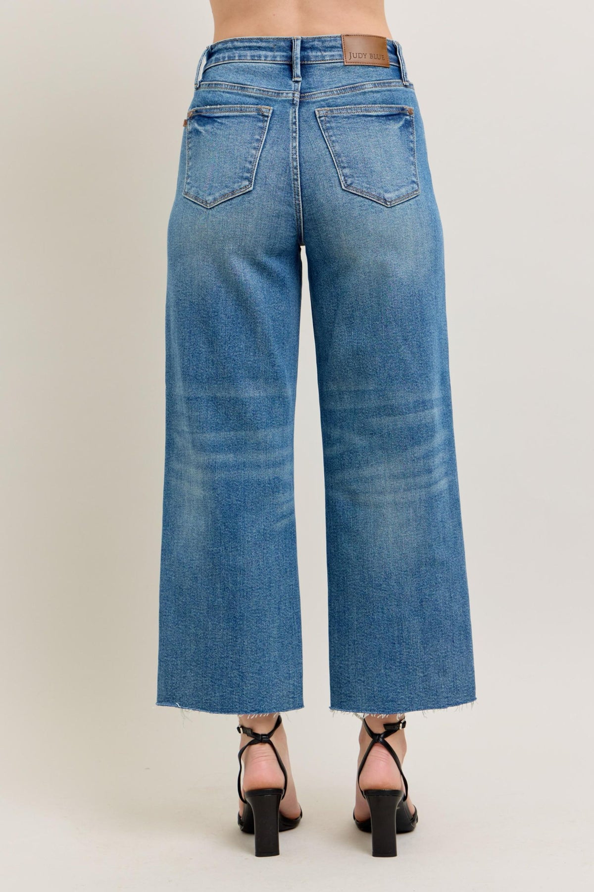 JUDY BLUE HIGH WAIST RIGID MAGIC DESTROY HEM CROP WIDE JEAN - MEDIUM STONE