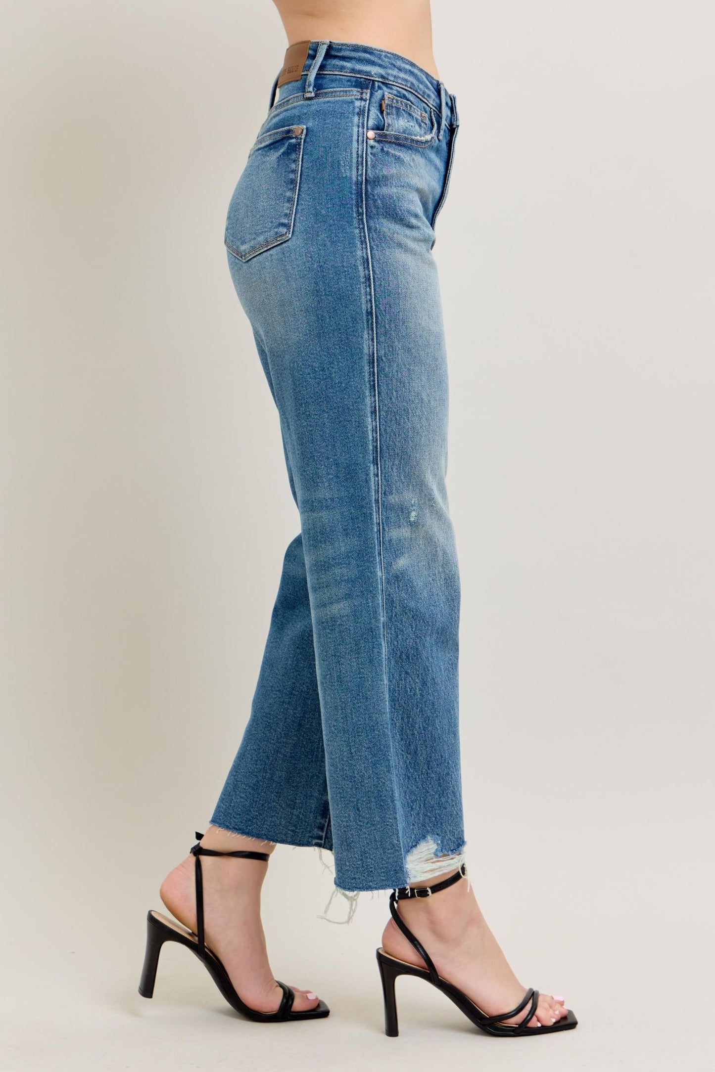 JUDY BLUE HIGH WAIST RIGID MAGIC DESTROY HEM CROP WIDE JEAN - MEDIUM STONE
