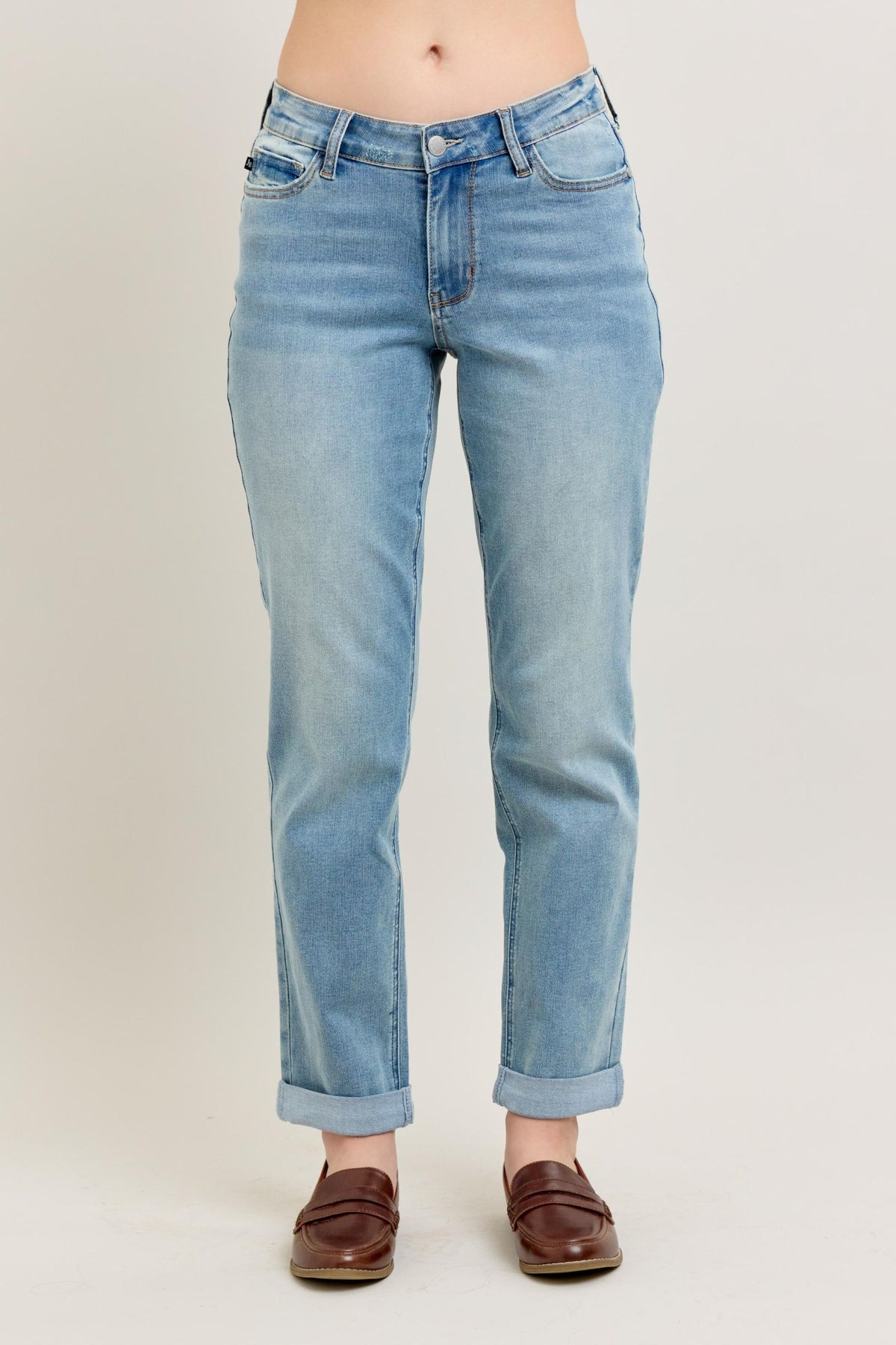 JUDY BLUE V FRONT COOL DENIM CUFF BF JEANS - MEDIUM STONE