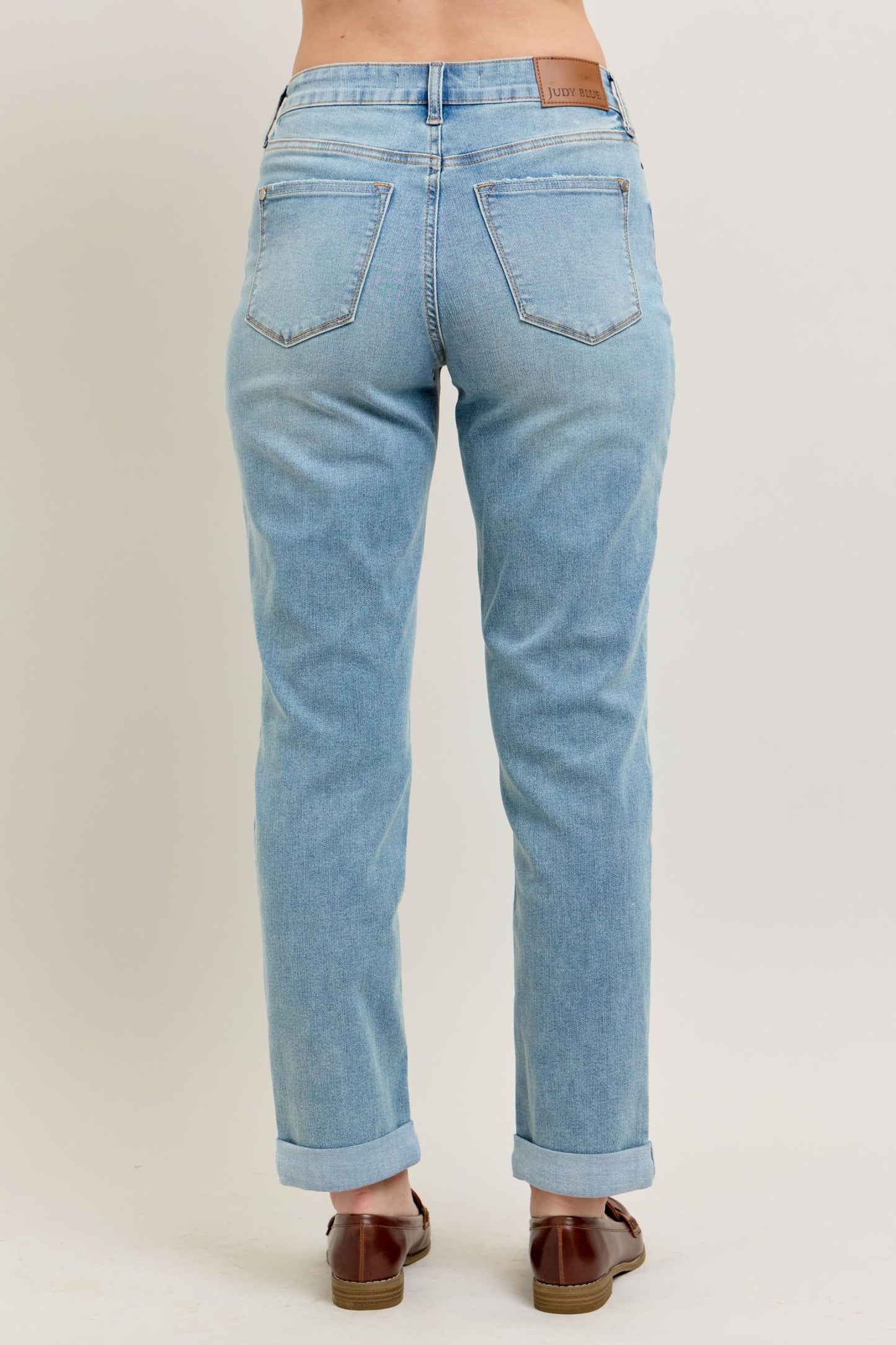 JUDY BLUE V FRONT COOL DENIM CUFF BF JEANS - MEDIUM STONE