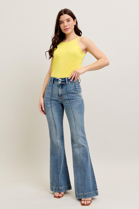 JUDY BLUE HIGH WAIST TROUSER FLARE JEANS - MEDIUM STONE