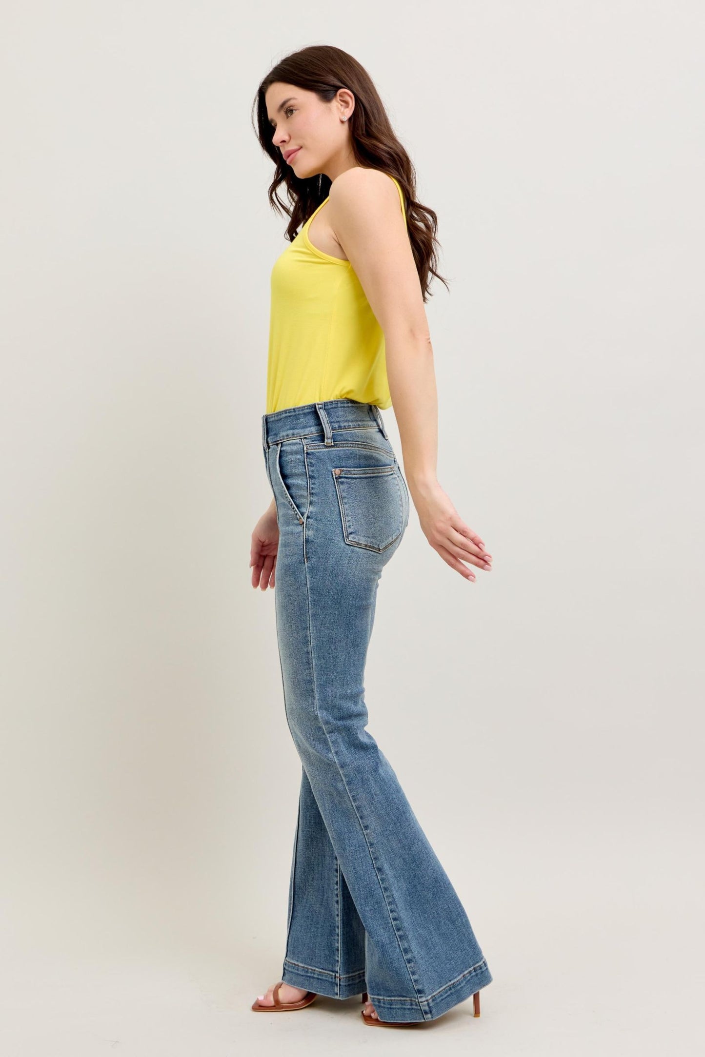 JUDY BLUE HIGH WAIST TROUSER FLARE JEANS - MEDIUM STONE