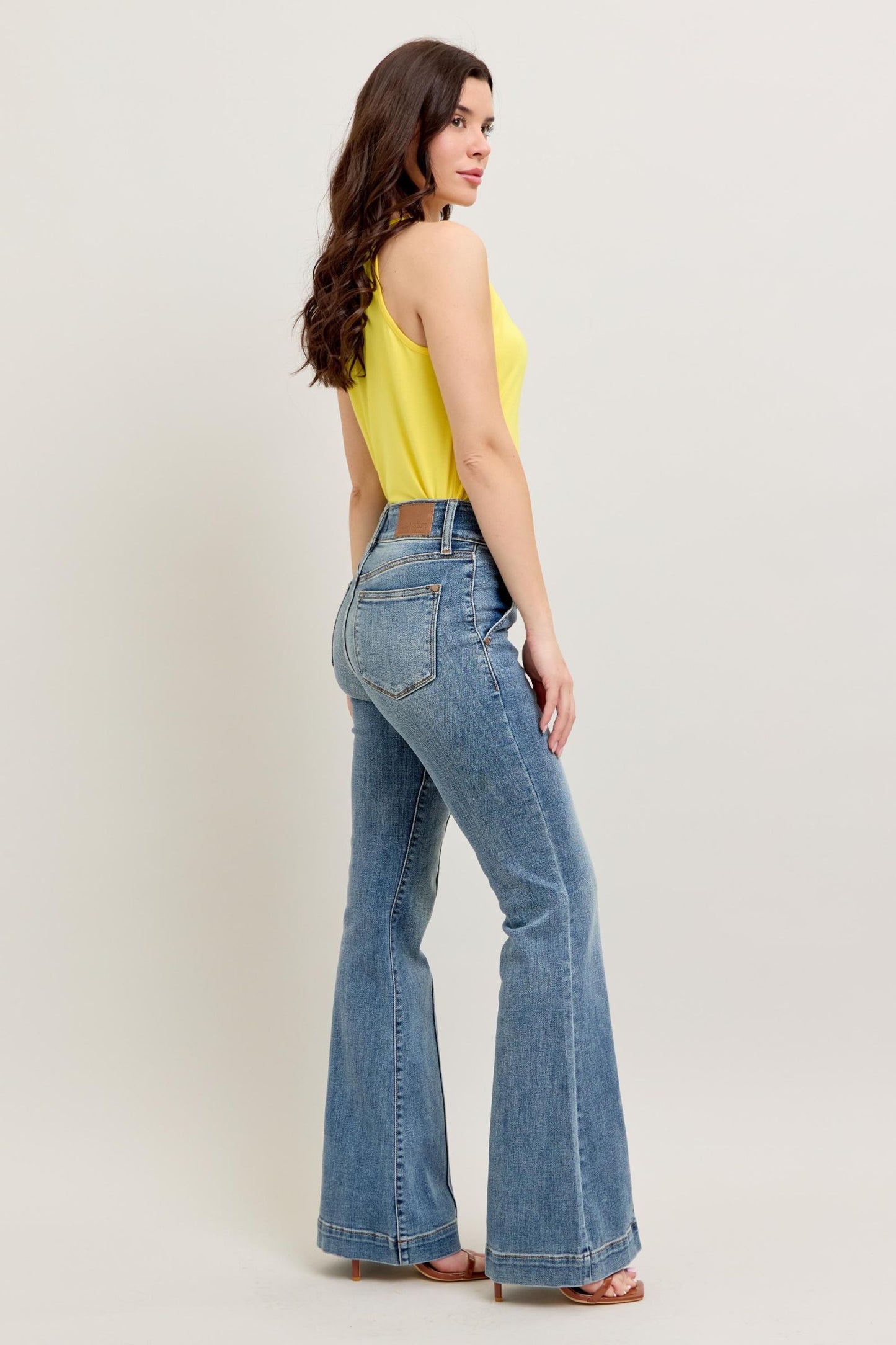 JUDY BLUE HIGH WAIST TROUSER FLARE JEANS - MEDIUM STONE