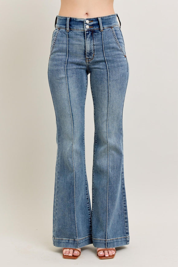 JUDY BLUE HIGH WAIST TROUSER FLARE JEANS - MEDIUM STONE