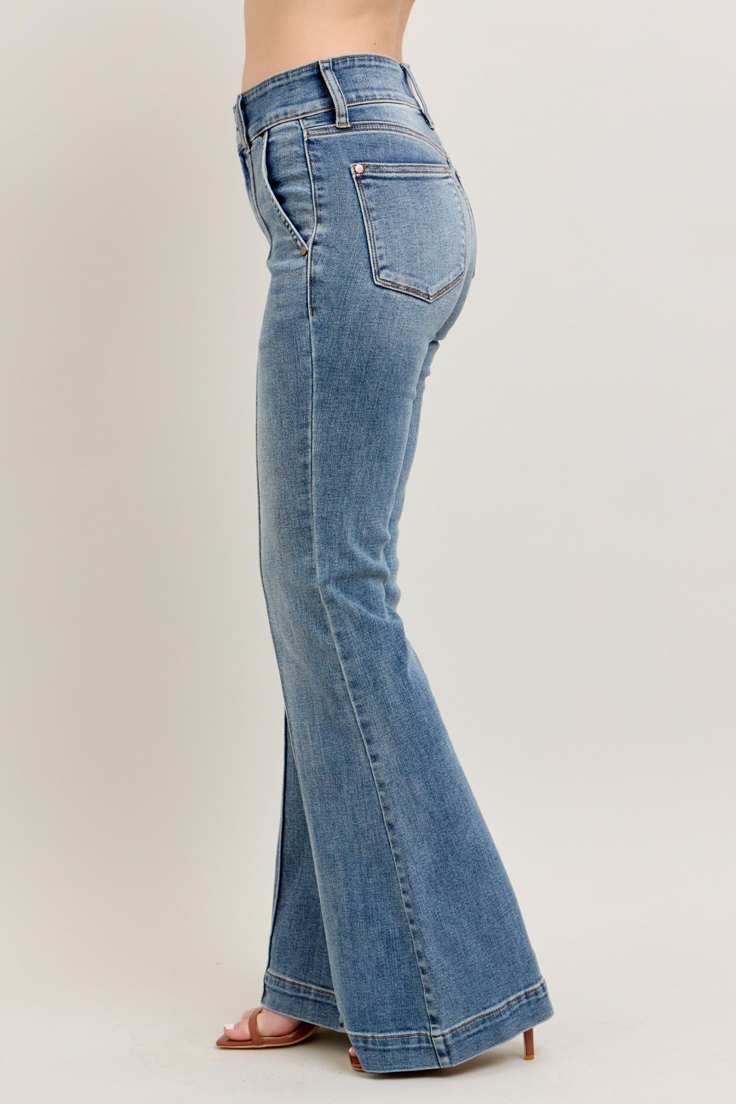 JUDY BLUE HIGH WAIST TROUSER FLARE JEANS - MEDIUM STONE