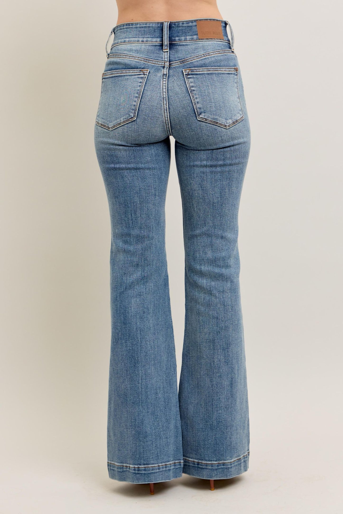 JUDY BLUE HIGH WAIST TROUSER FLARE JEANS - MEDIUM STONE