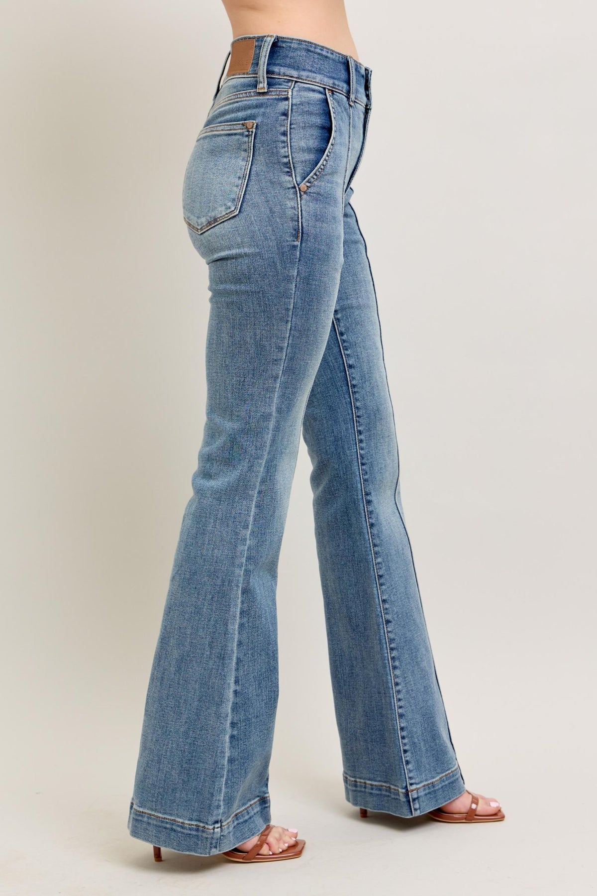 JUDY BLUE HIGH WAIST TROUSER FLARE JEANS - MEDIUM STONE