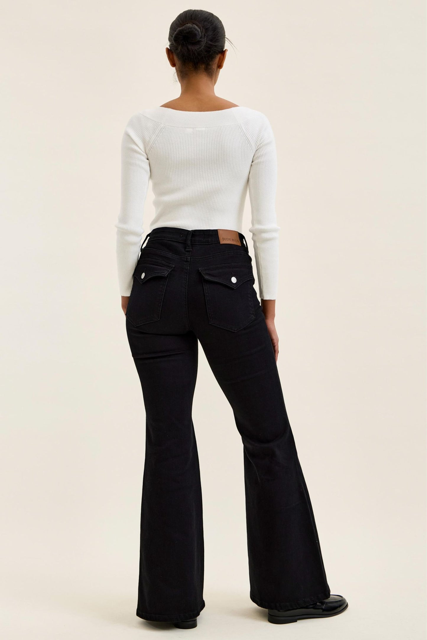 JUDY BLUE JAQUELINE FLARE W PRINTED ELASTIC LEOPARD BAND IN BLACK