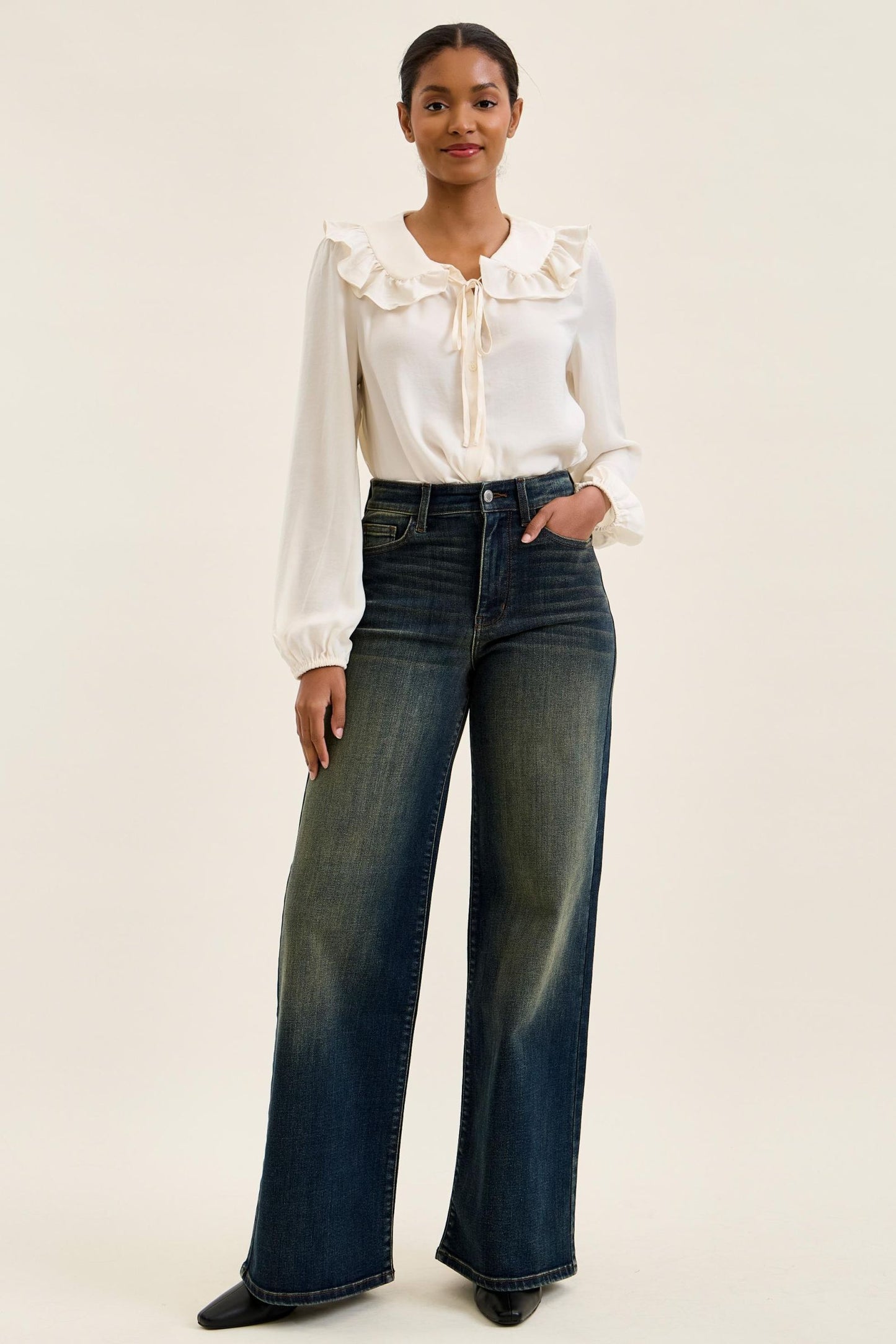 JUDY BLUE HIGH WAIST LUX RETRO WIDE ADJUSTABLE BACK WHISKEY NIGHT JEANS - DARK STONE