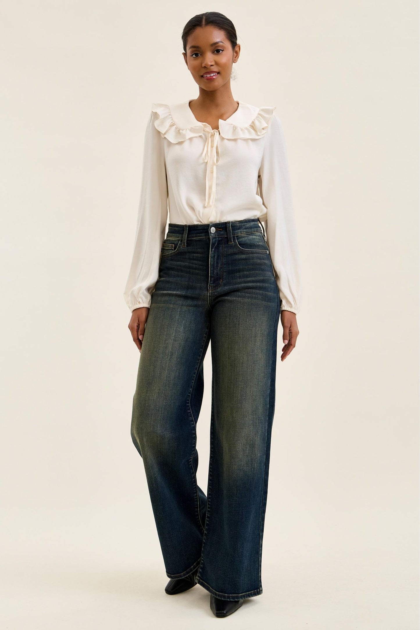 JUDY BLUE HIGH WAIST LUX RETRO WIDE ADJUSTABLE BACK WHISKEY NIGHT JEANS - DARK STONE