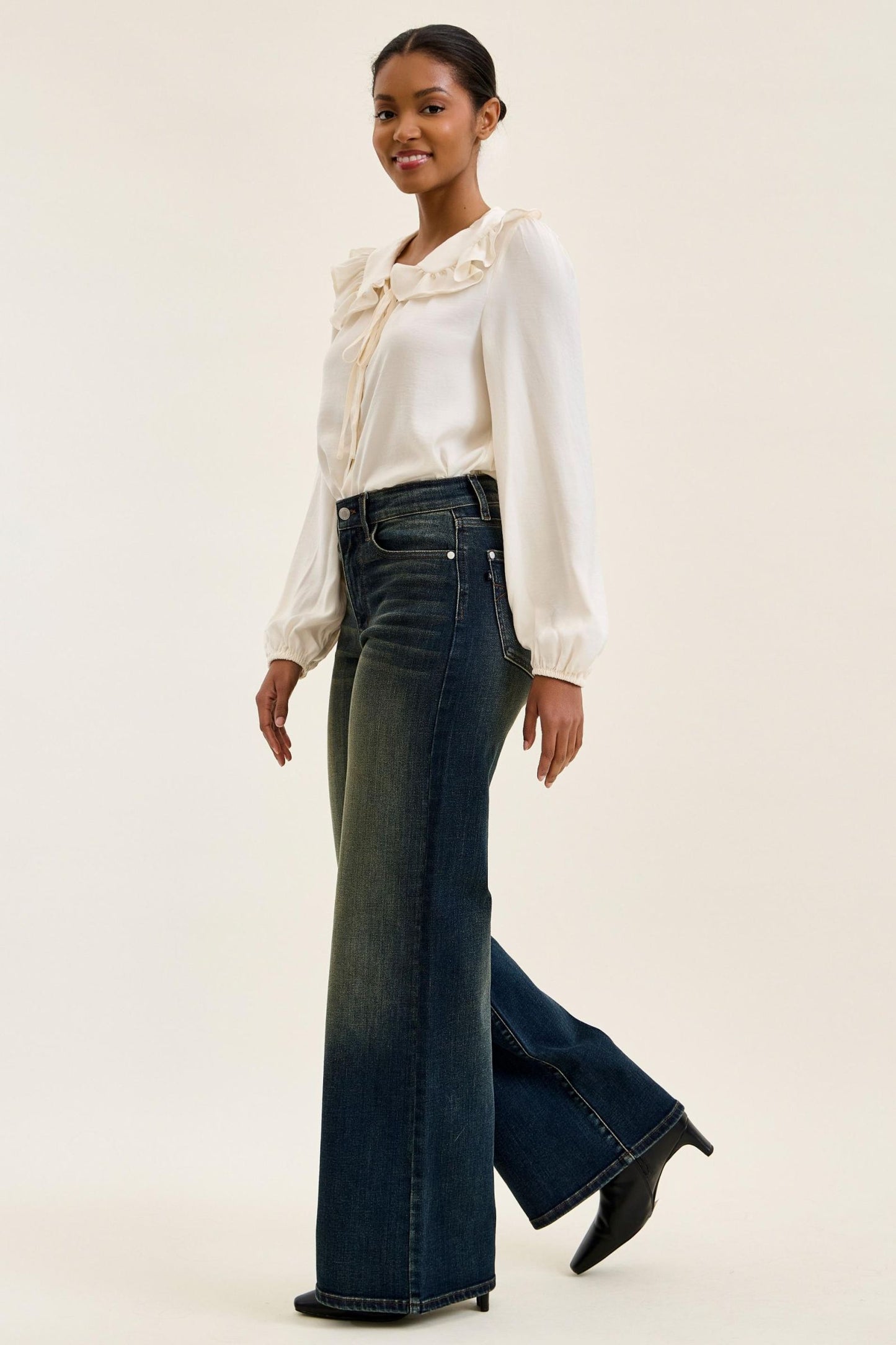 JUDY BLUE HIGH WAIST LUX RETRO WIDE ADJUSTABLE BACK WHISKEY NIGHT JEANS - DARK STONE