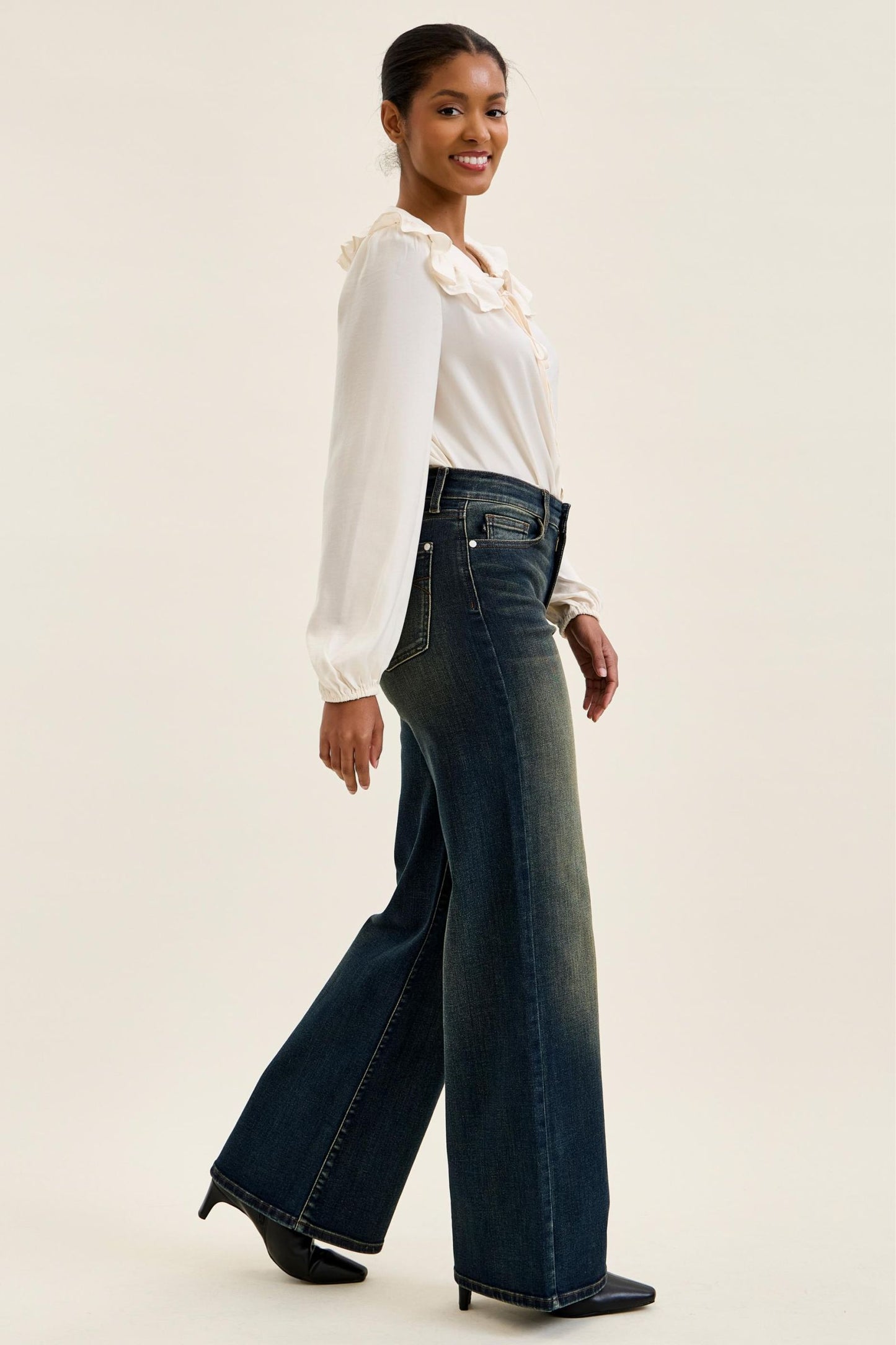 JUDY BLUE HIGH WAIST LUX RETRO WIDE ADJUSTABLE BACK WHISKEY NIGHT JEANS - DARK STONE