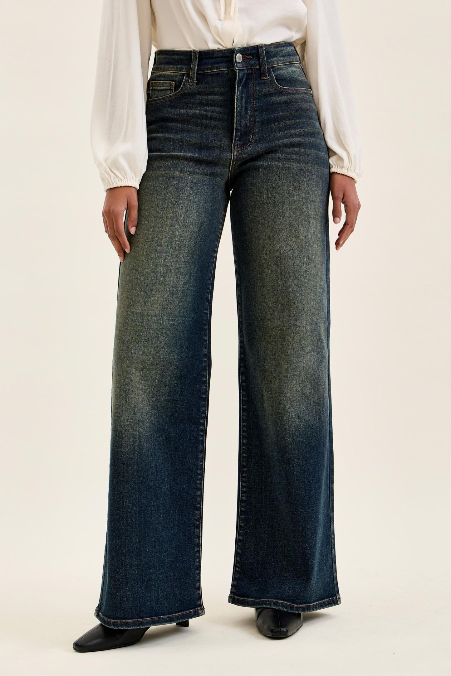 JUDY BLUE HIGH WAIST LUX RETRO WIDE ADJUSTABLE BACK WHISKEY NIGHT JEANS - DARK STONE