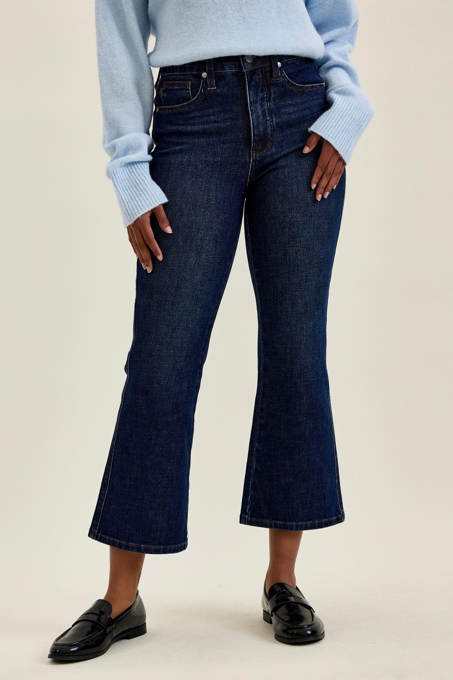 JUDY BLUE HIGH WAIST TUMMY CONTROL AMY KICK FLARE RUSTIC INDIGO JEANS - DARK STONE