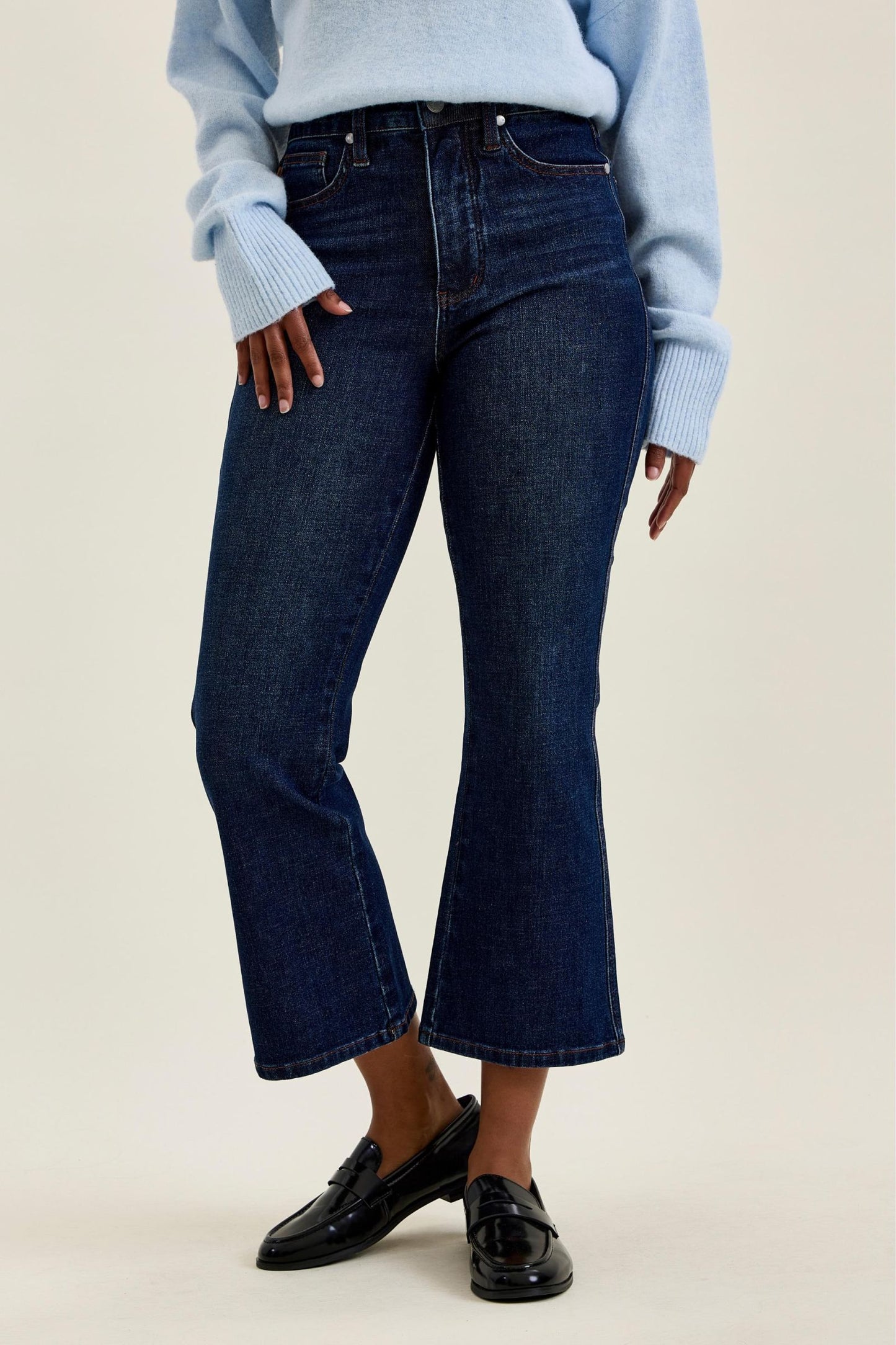 JUDY BLUE HIGH WAIST TUMMY CONTROL AMY KICK FLARE RUSTIC INDIGO JEANS - DARK STONE