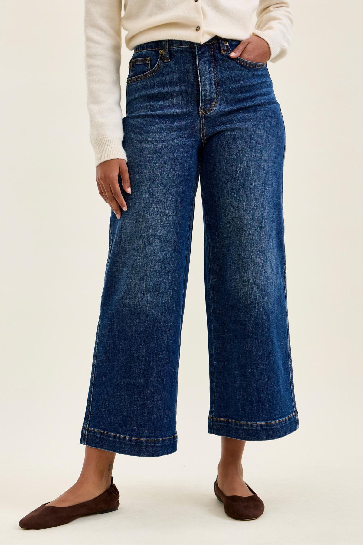 JUDY BLUE HIGH WAIST CLAUDIA ANKLE WIDE DARK DEEP INDIGO JEANS - DARK STONE