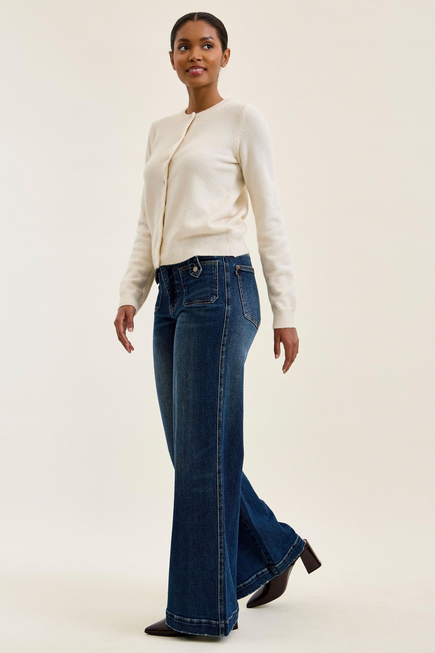 JUDY BLUE HIGH WAIST LUX RETRO WIDE FRONT PATCH JEANS - DARK STONE
