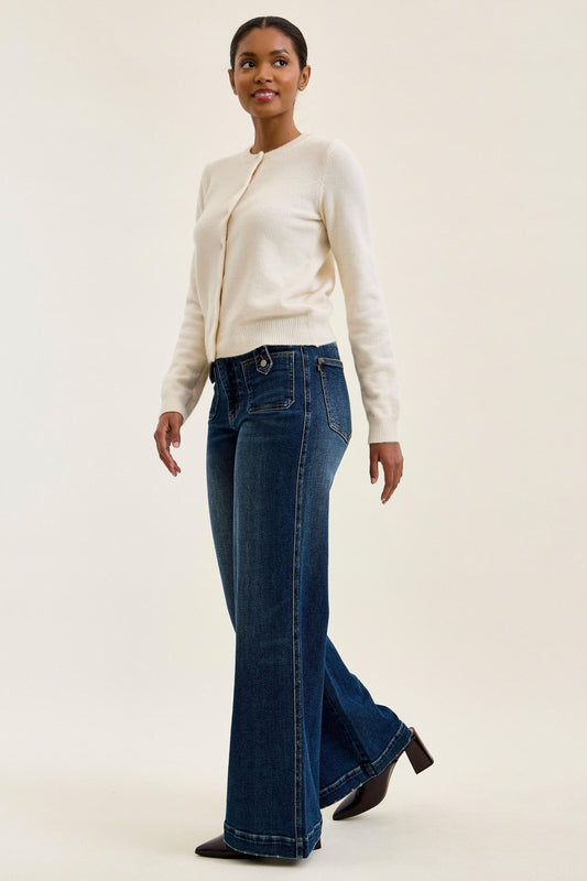 JUDY BLUE HIGH WAIST LUX RETRO WIDE FRONT PATCH JEANS - DARK STONE