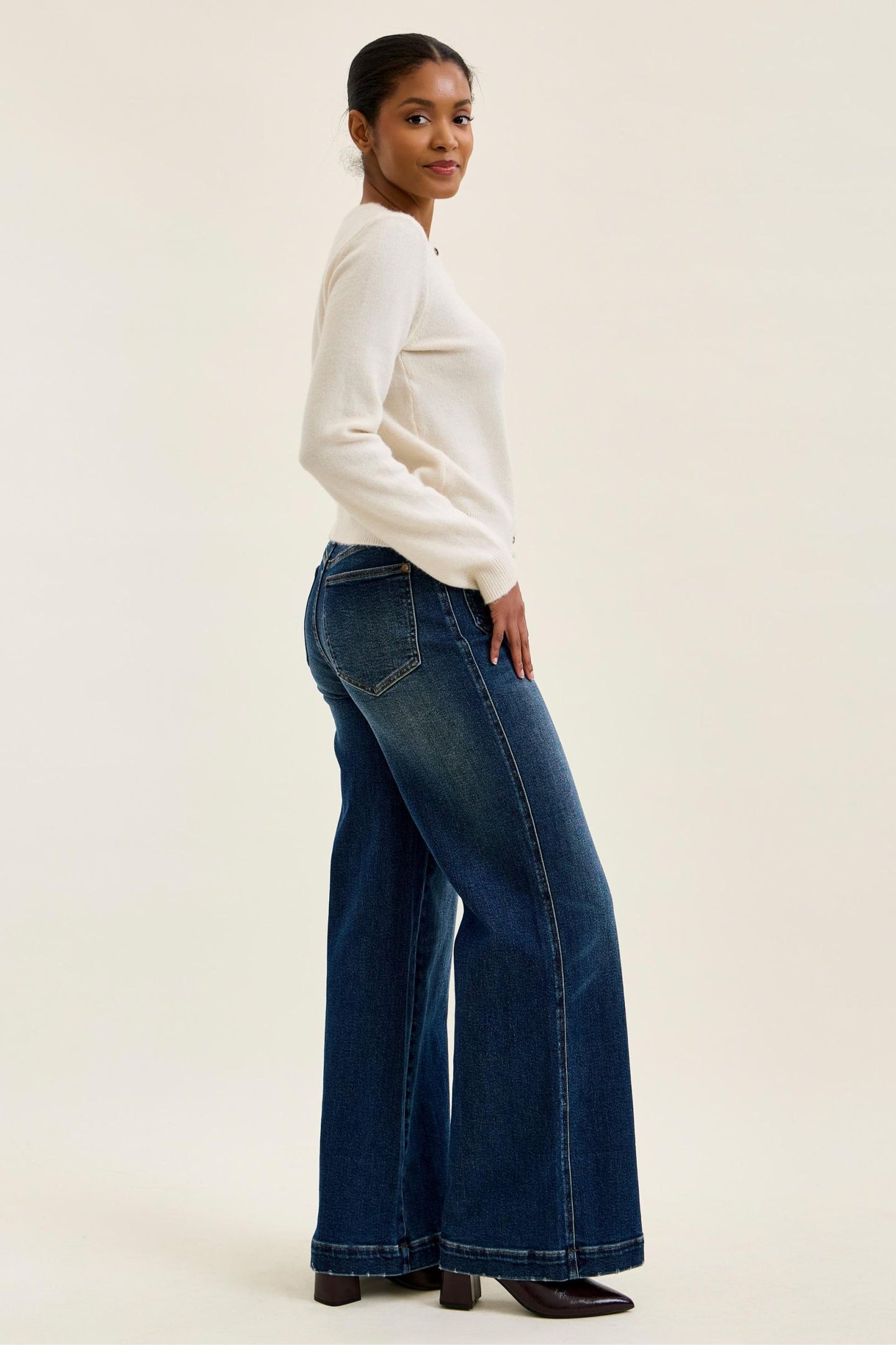 JUDY BLUE HIGH WAIST LUX RETRO WIDE FRONT PATCH JEANS - DARK STONE