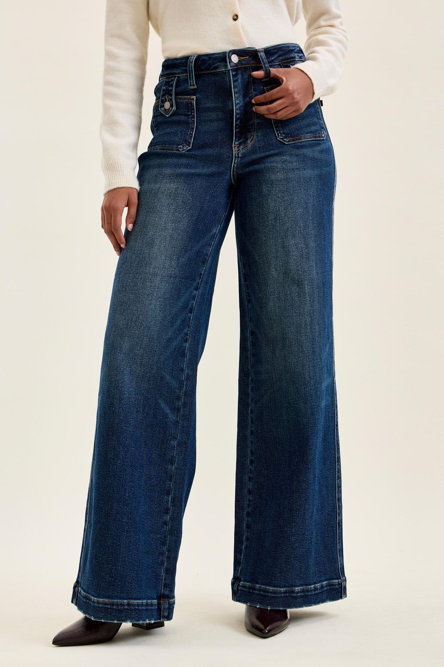 JUDY BLUE HIGH WAIST LUX RETRO WIDE FRONT PATCH JEANS - DARK STONE