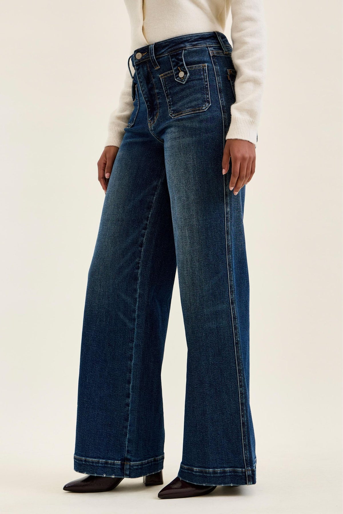 JUDY BLUE HIGH WAIST LUX RETRO WIDE FRONT PATCH JEANS - DARK STONE