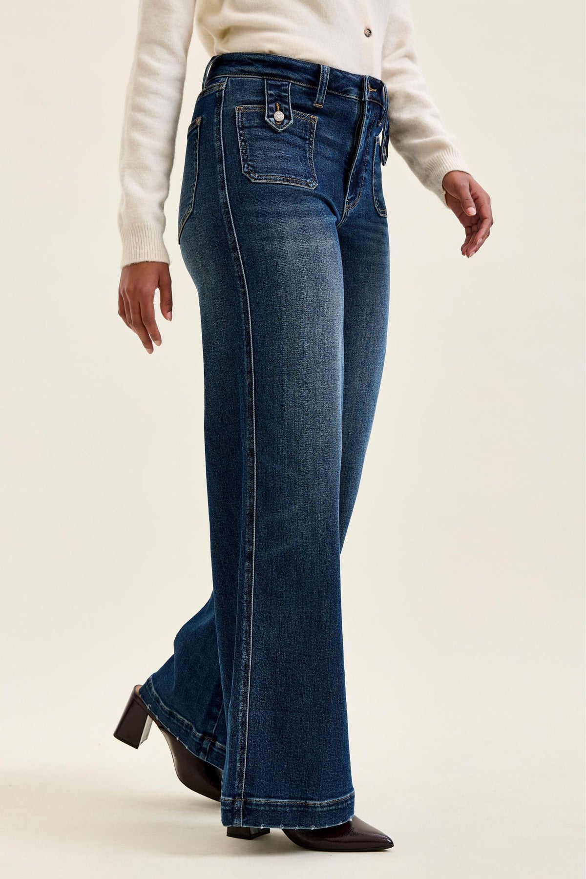 JUDY BLUE HIGH WAIST LUX RETRO WIDE FRONT PATCH JEANS - DARK STONE