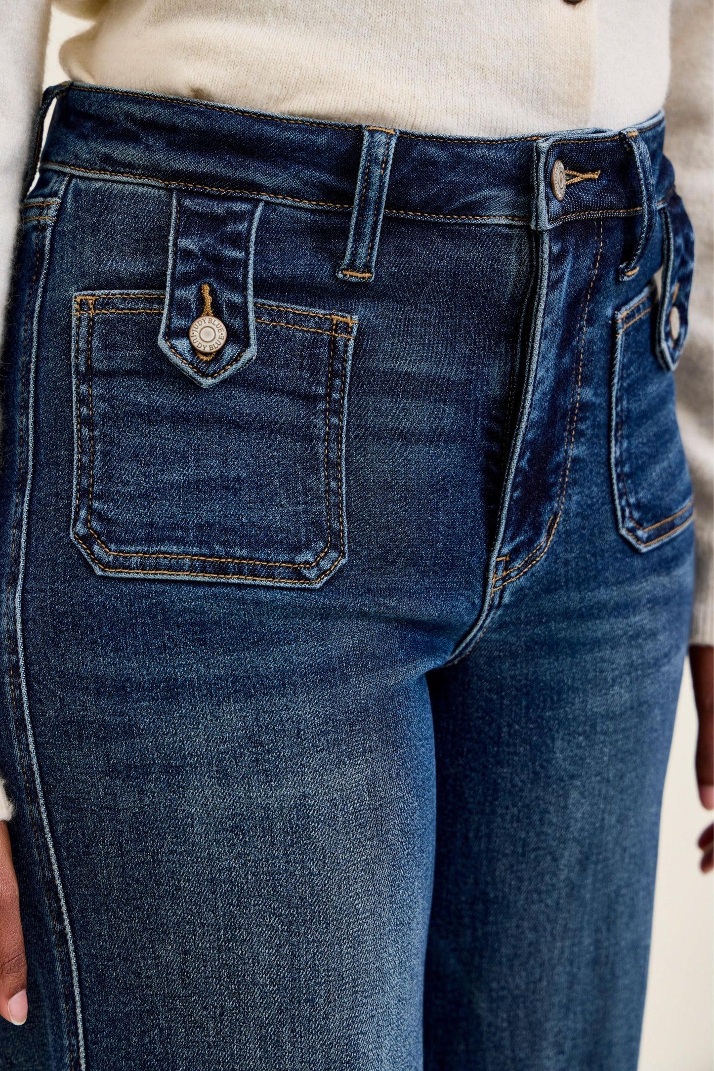 JUDY BLUE HIGH WAIST LUX RETRO WIDE FRONT PATCH JEANS - DARK STONE
