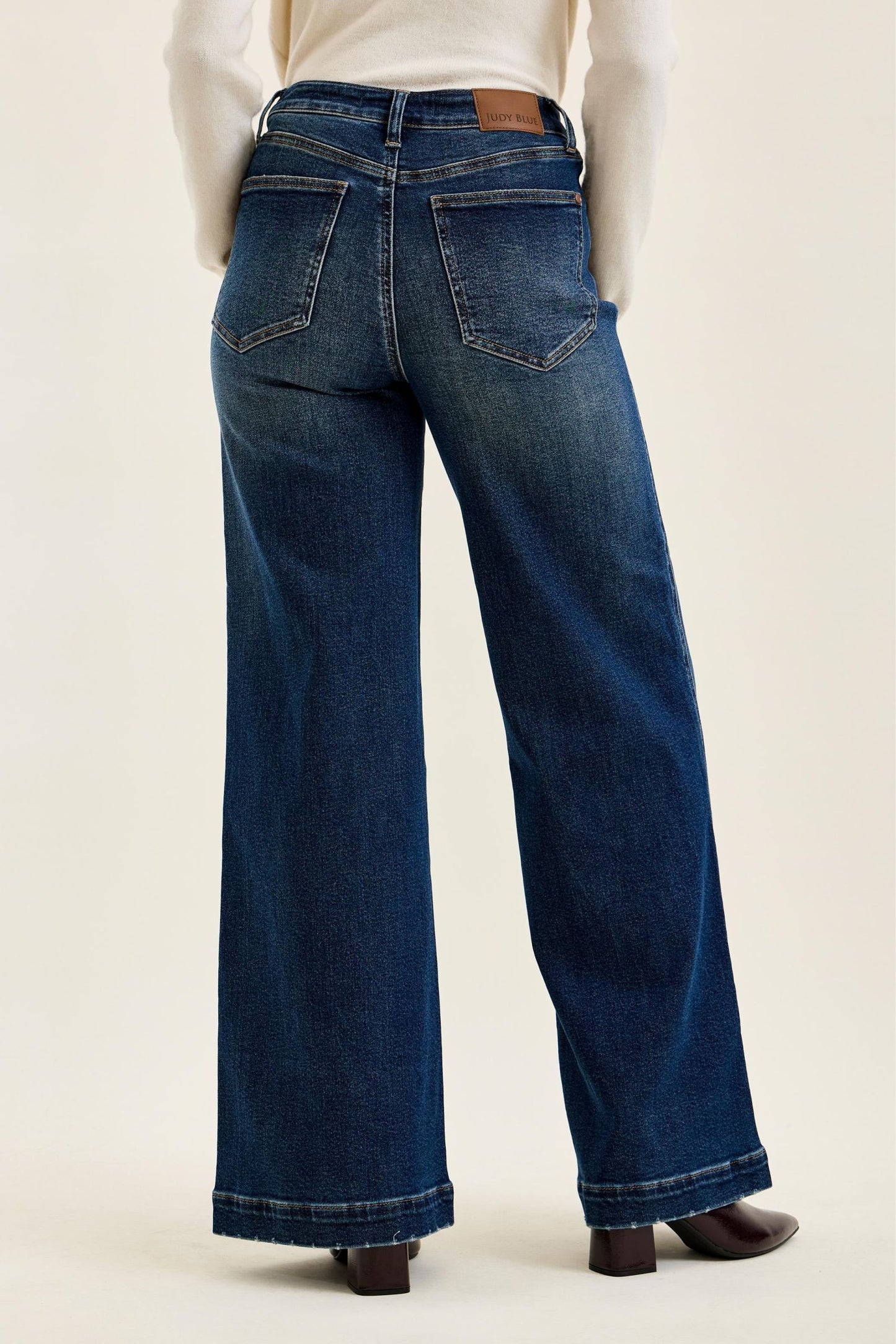 JUDY BLUE HIGH WAIST LUX RETRO WIDE FRONT PATCH JEANS - DARK STONE