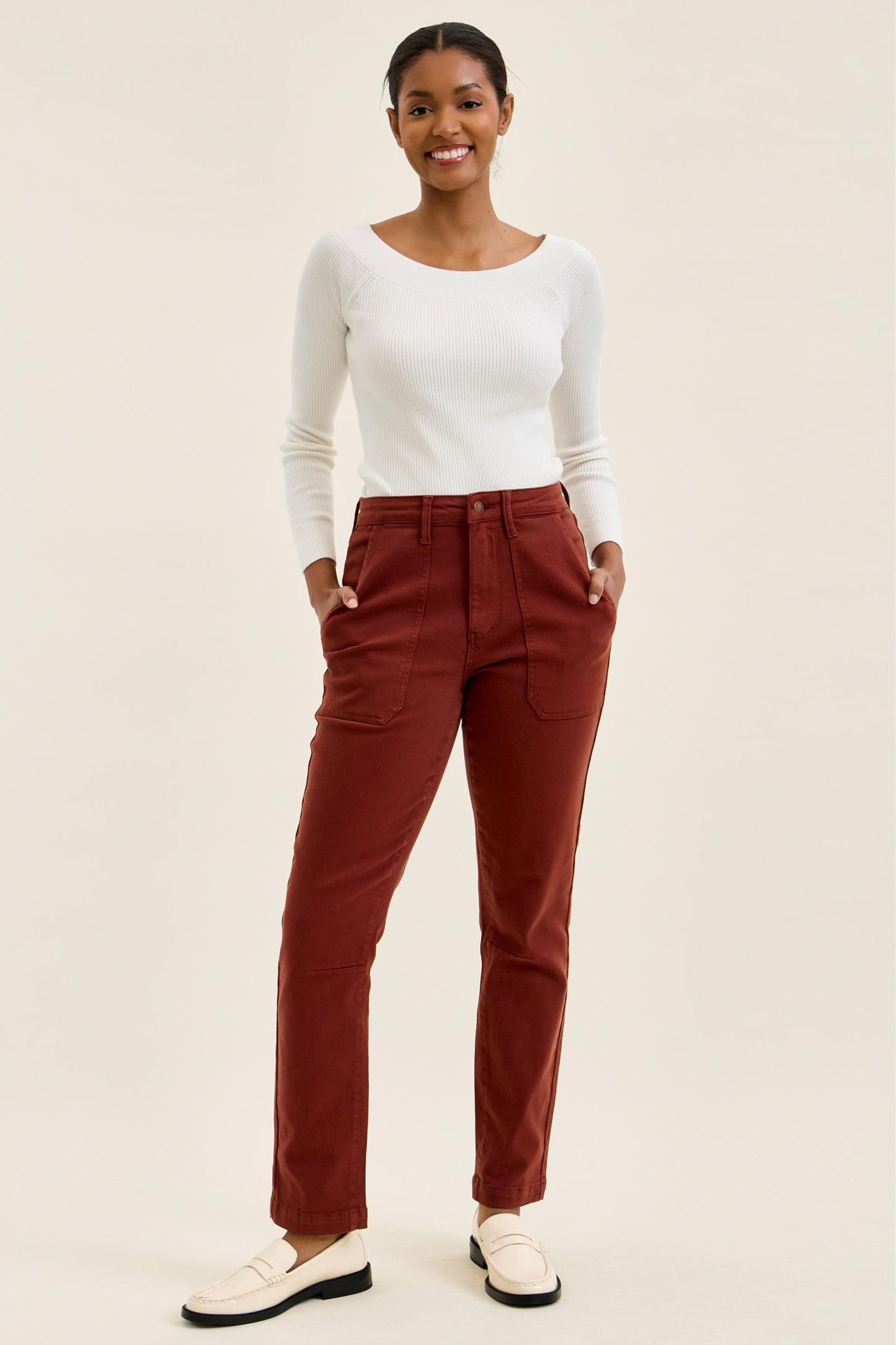 JUDY BLUE HIGH WAIST AURORA WEEKENDER KNEE DARKS JEANS - PUMPKIN SPICE
