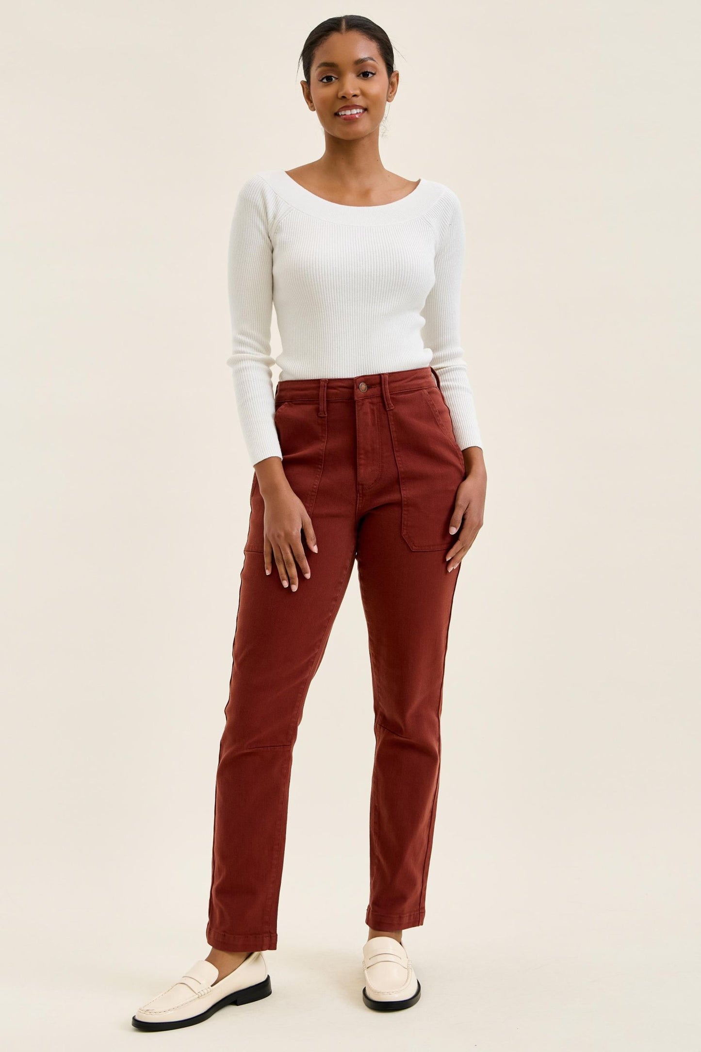 JUDY BLUE HIGH WAIST AURORA WEEKENDER KNEE DARKS JEANS - PUMPKIN SPICE