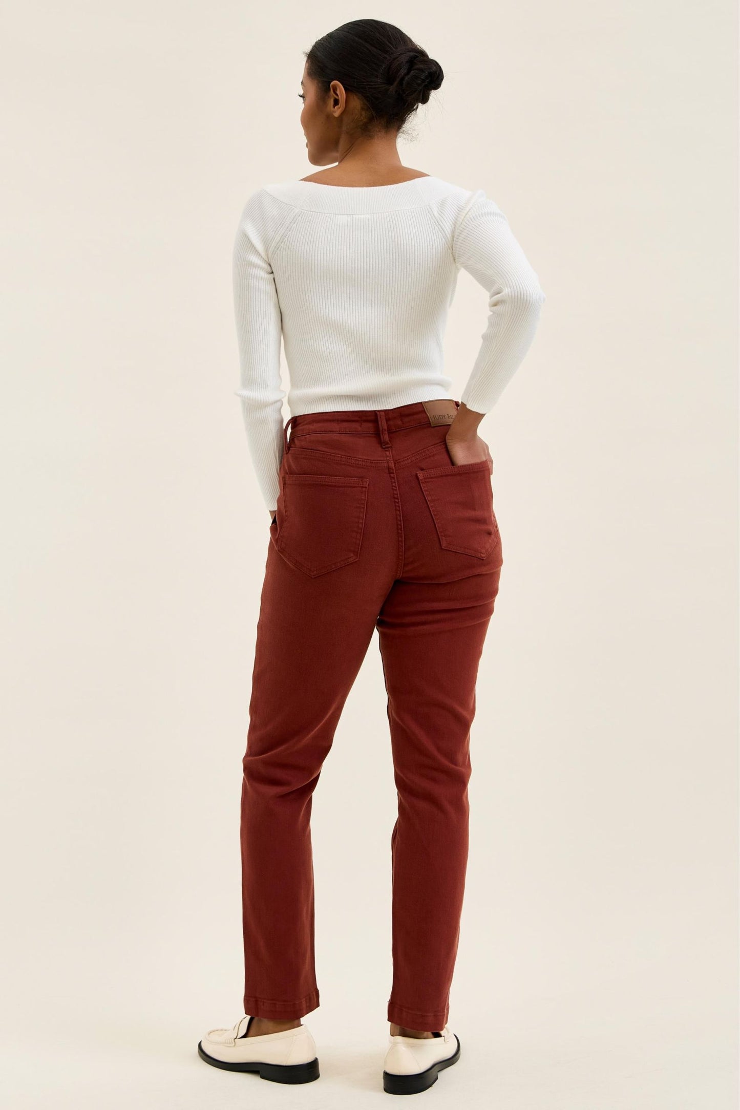 JUDY BLUE HIGH WAIST AURORA WEEKENDER KNEE DARKS JEANS - PUMPKIN SPICE