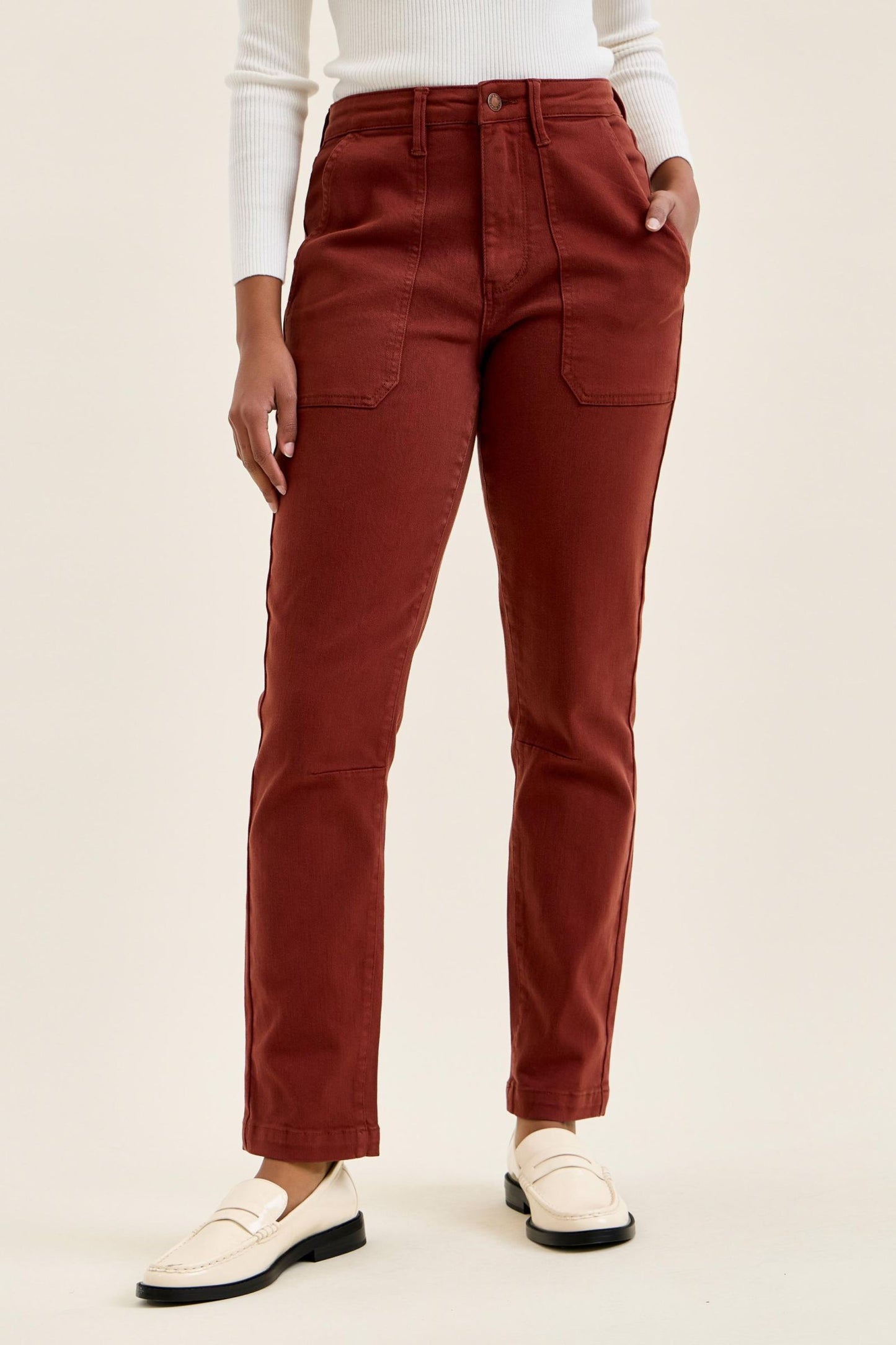 JUDY BLUE HIGH WAIST AURORA WEEKENDER KNEE DARKS JEANS - PUMPKIN SPICE