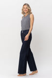 JUDY BLUE HIGH WAIST RINSE WASH GEOMETRIC WAISTBAND & POCKET EMBROIDERY WIDE LEG