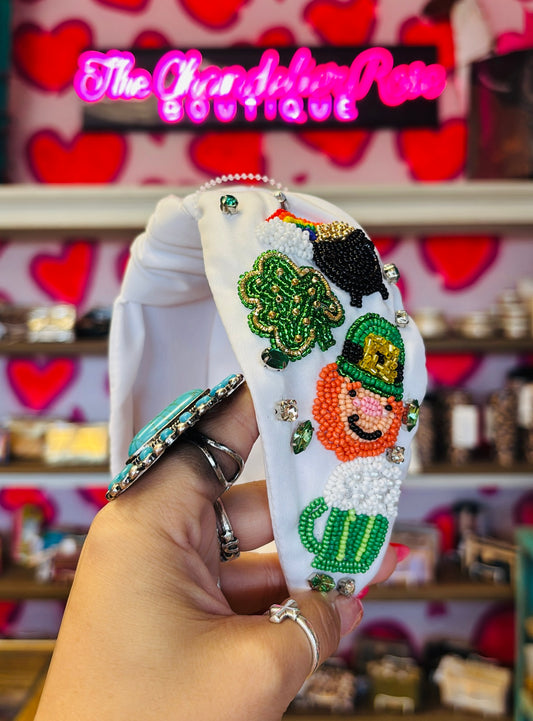 SAINT PATRICKS LEPRECHAUN KNOTTED BEADED HEADBAND - WHITE