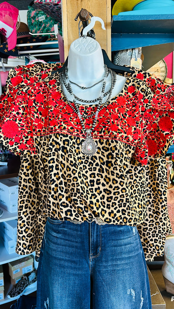 LAWRENCE LEOPARD PRINT EMBROIDERY TOP