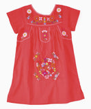 KIDS ROUND NECKLINE FLORAL EMBROIDERY DRESS - RED