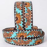 American Darling Western Hand Tooled Leather Belt - Turquoise & Sunflower Floral Design - ADBLF283