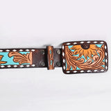 American Darling Western Hand Tooled Leather Belt - Turquoise & Sunflower Floral Design - ADBLF283