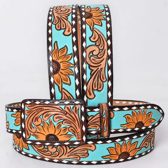 American Darling Western Hand Tooled Leather Belt - Turquoise & Sunflower Floral Design - ADBLF283