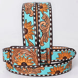 American Darling Western Hand Tooled Leather Belt - Turquoise & Sunflower Floral Design - ADBLF283