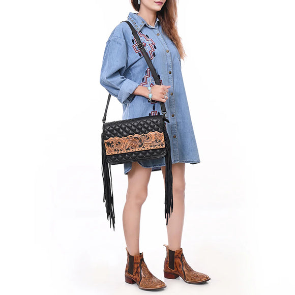 AMERICAN DARLING Black Quilted Fringe Crossbody Bag with Tooled Leather Floral Panel - ADBG1668