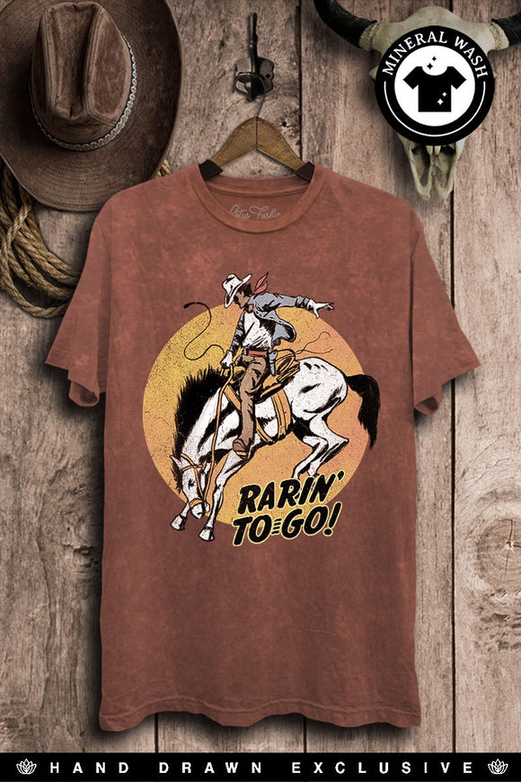 RARIN' TO GO COWBOY VINTAGE MINERAL WASH GRAPHIC WESTERN TEE - WINE