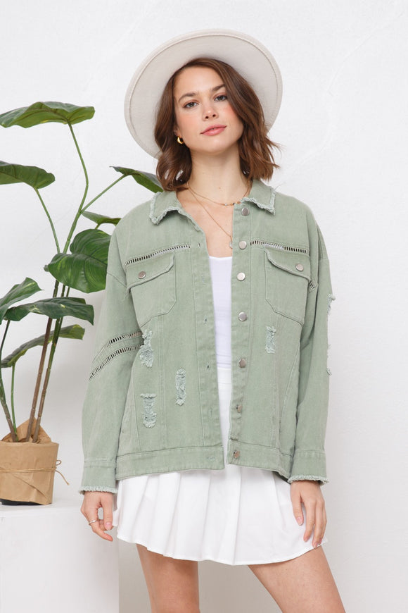 SNAP UP TWILL DISTRESSED JACKET - LIGHT OLIVE