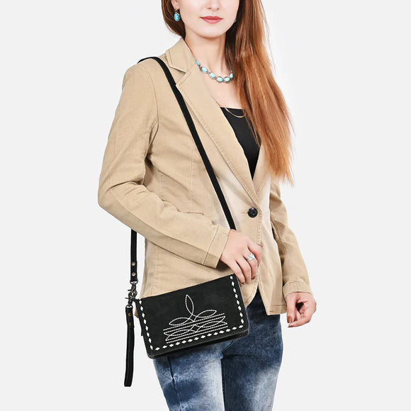 AMERICAN DARLING Western Black Suede Wallet Bag with White Stitch Embroidery - ADBG1717